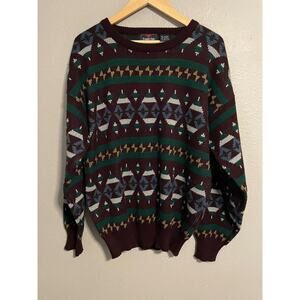 Vintage Trophy Club Sweater Mens Large Burgundy Aztec Southwestern Knit 90s